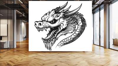 Old School Dragon Head Ink Drawing Flash Tattoo Illustration Wall mural