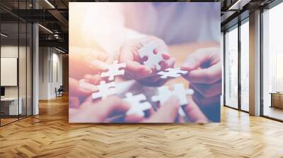 business strategy ideas Business team planning a strategic meeting Assembling jigsaw pieces, using jigsaw puzzles, showing solutions for business people, teamwork.
 Wall mural