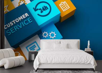 3D render of CUSTOMER SERVICE business concept with symbols on colorful cubes on dark blue background Wall mural