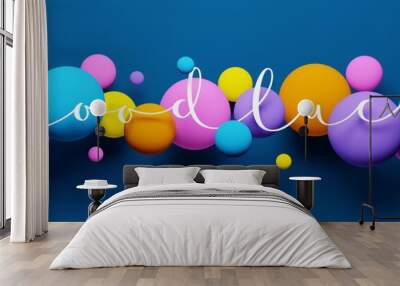 3D render of GOOD LUCK brush calligraphy banner with colorful balloons on dark blue background Wall mural