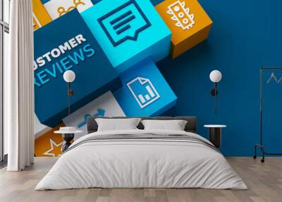 3D render of wide perspective view of CUSTOMER REVIEWS colorful business concept on dark blue background Wall mural