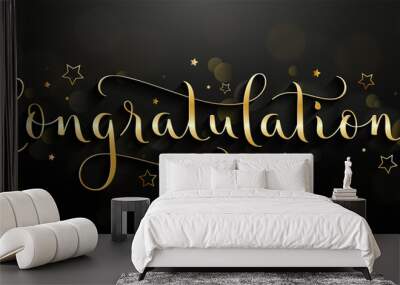 CONGRATULATIONS gold vector brush calligraphy greeting card with bokehs and stars on black background Wall mural