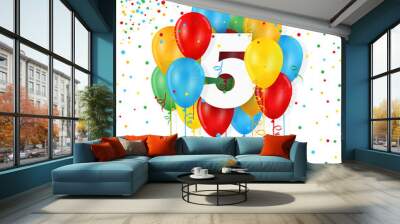 HAPPY 5th BIRTHDAY / ANNIVERSARY card with bunch of multicoloured balloons Wall mural