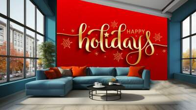 HAPPY HOLIDAYS metallic gold vector brush calligraphy banner with swashes on red background Wall mural