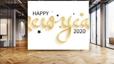 HAPPY NEW YEAR 2020 black brush calligraphy banner with stars Wall mural