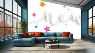 HAPPY NEW YEAR 2023 white brush calligraphy banner with colorful stars on transparent background Wall mural