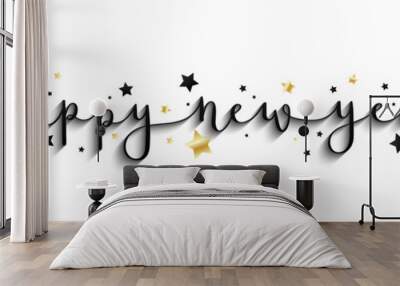 HAPPY NEW YEAR black and gold vector brush calligraphy banner with swashes and stars Wall mural