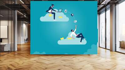 Businessman using computer upload and download information and data on cloud computing technology network, work from anywhere Wall mural