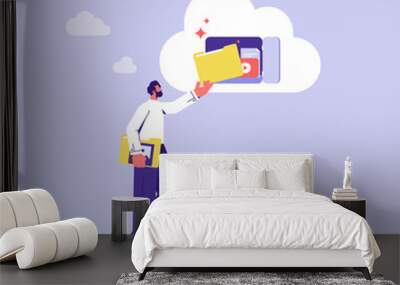 Concept of internet hosting, online service for file management and digital information storage, businessman putting folder on cloud Wall mural