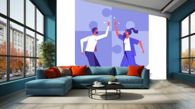 Hi five or congratulation on business goal achievement, businessman and woman teamwork coworkers giving high-five, Success and cooperation vector concept Wall mural