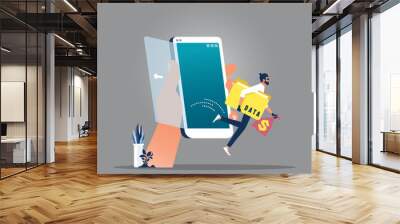 Mobile hacker and cyber security concept-Steal personal data from mobile, Criminal man thief holding folder with word DATA and money bag running away from mobile phone Wall mural