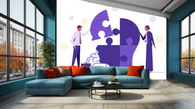 Support mental health medical treatment concept, psychologist people connecting jigsaw puzzle pieces of a big head together Wall mural