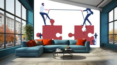 Teamwork vector concept, two business people pull jigsaw puzzle pieces into position demonstrating teamwork Wall mural