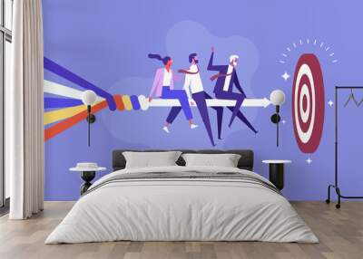 various businesspeople and executives sit many multi-colored lines merge into a single arrow and com Wall mural