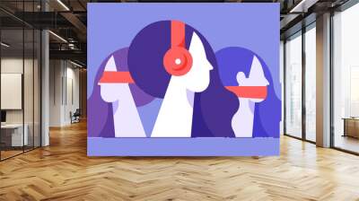 Women head with blindfolded eyes, ears, mouth - blind deaf mute persons. Different girls with white bandages - don't see, don't hear, don't speak The concept of blindness, ignorance, deafness Wall mural