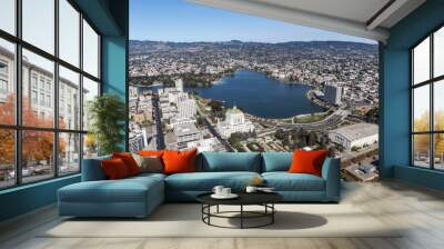 Aerial view of Lake Merritt Park and downtown buildings and streets in Oakland California. Wall mural