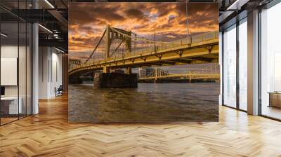 Sunset view of downtown bridges and the Allegheny River in Pittsburgh, Pennsylvania. Wall mural