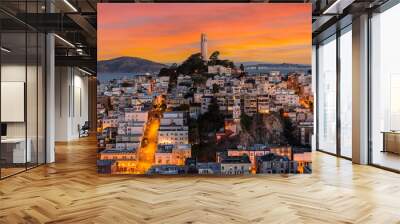 View of Coit tower with sunset sky in downtown San Francisco, California. Wall mural