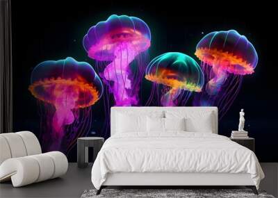 Glowing jellyfish swim deep in blue sea. Medusa neon jellyfish fantasy in space cosmos among stars Wall mural