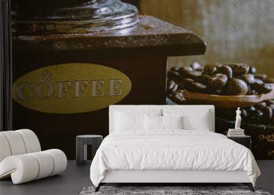 still life with coffee beans and old coffee mill on the rustic background Wall mural