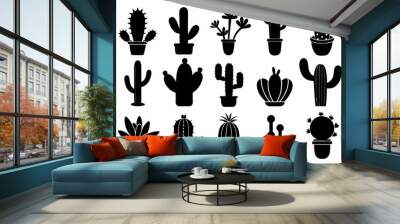 Cactus icon collection. Set of black cactus silhouette. silhouettes of different cactus icons Wall mural