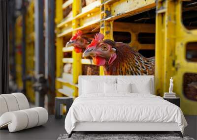  Chicken transportation by truck from livestock farm to the food factory. Poultry industry. Avian influenza A(H5) virus or H5 bird flu concept. Livestock transport by trailer. Chicken in yellow crates Wall mural