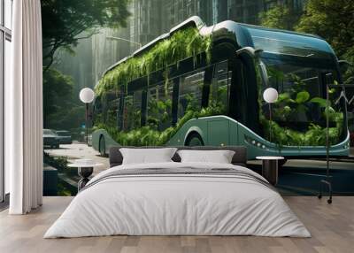 A city bus full of lush green plants cruises the streets, showcasing an innovative blend of public transportation and green living to reduce carbon footprint Wall mural