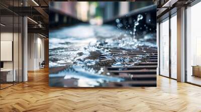 A stream of water flowing into a drainage grate on the street of a city Wall mural