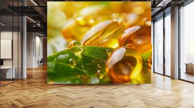 Alternative medicine herbal capsules with vitamin E, omega 3 fish oil, minerals, and drug with herbal leaves as natural supplements for a healthy, happy life Wall mural