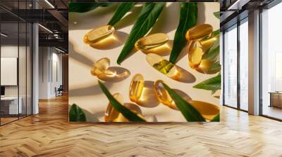 Alternative medicine organic capsules with vitamin E, omega 3 fish oil, minerals, and drug with herbal leaves as natural supplements for a healthy, happy life Wall mural