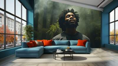 Black man breathes fresh air in the forest Wall mural