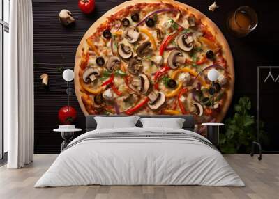 Cheese pizza with several vegetables, bell peppers, olives, mushrooms and oregano toppings from top view Wall mural