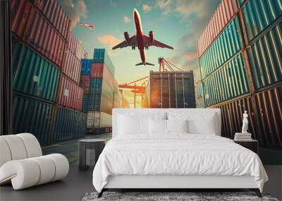 Global business logistics and transportation of import export good shown by Container cargo freight ship at international port. Cargo plane flying above truck shipping container. Logistic industry Wall mural