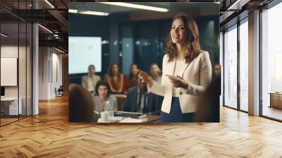 Happy business woman giving presentation at corporate group meeting in office Wall mural