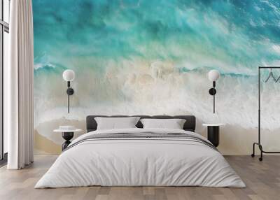 Ocean waves on the beach with blue water waves as a background, Aerial top down view of beach and sea Wall mural