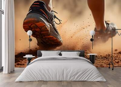 Sport shoes of racer running fast on trail with dust Wall mural