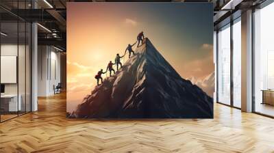 Teamwork to get success together, mountaineers helping each other to climb up on top of the mountain peak, leadership to lead team to achieve the target Wall mural