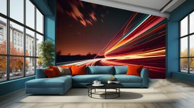 Abstract long exposure dynamic speed light in rural city road Ai generated image Wall mural