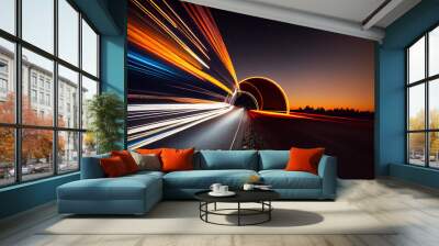 Abstract long exposure dynamic speed light in rural city road Ai generated image Wall mural