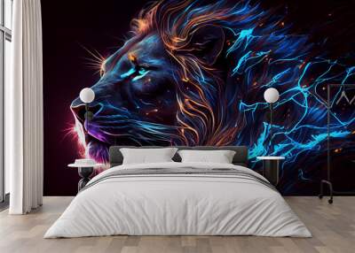 Abstract neon light Lion, wallpaper, glowing background, Ai generated image Wall mural