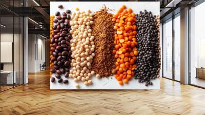 Assorted legumes and cereals, such as beans, peas, lentils, barley, and spelt, arranged on a white surface. Wall mural