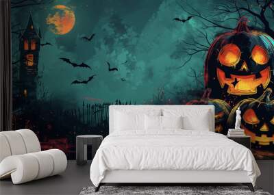 Halloween night scene with moon, Halloween night scene with pumpkin, Hunting house, illustration Wall mural