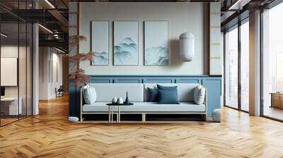 Japandi minimalist living room with frame mockup in white and blue tones. sofa, rattan furniture, and wallpaper. design of a farmhouse interior Ai generated image Wall mural