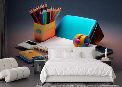 School supplies on desktop. Copy space Ai generated image Wall mural