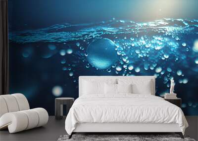 Water surface texture with bubbles and splashes that is defocused blurring transparent blue in color. Trendy abstract background of nature. The sea ripples in the sunlight Ai generated image Wall mural