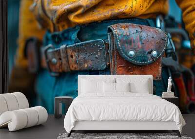 Close-up of a construction worker's tool belt, packed with tools and gear for the job site. Wall mural