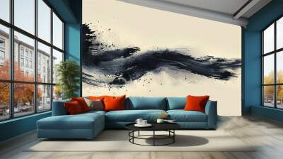 Minimalist black ink brush stroke on beige background. Wall mural