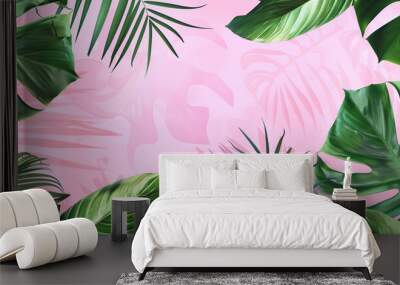 Pink tropical background with palm leaves and monstera leaf. Botanical design for wall art, prints, invitations, and home decor. Wall mural