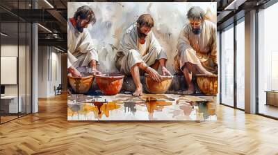 Washing of the Feet. Jesus. Maundy Holy Thursday. New Testament. Watercolor Biblical Illustration,  Ai generated image Wall mural