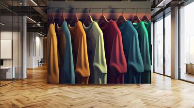 A vibrant assortment of shirts hanging on a rack in a room. Neatly arranged rows of clothes. Wall mural